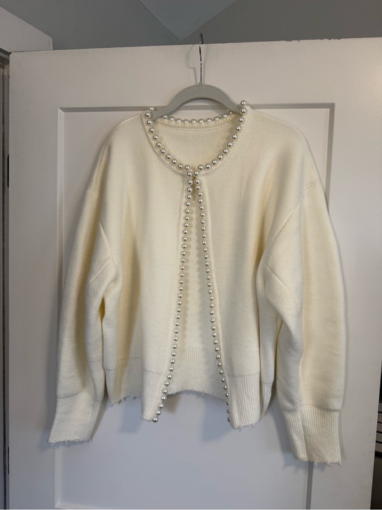 Commense Sweaters - Commense Pearl-Trim Crewneck Cardigan - White